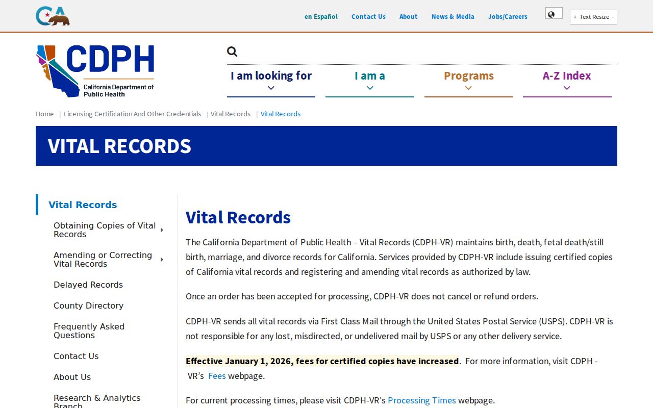 Kern County residents directory view of California vital records information