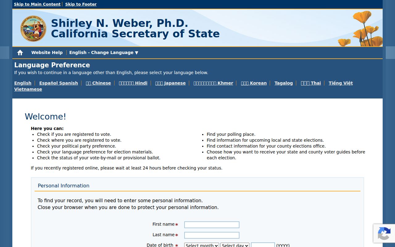 Kern County residents directory view of California My Voter Status