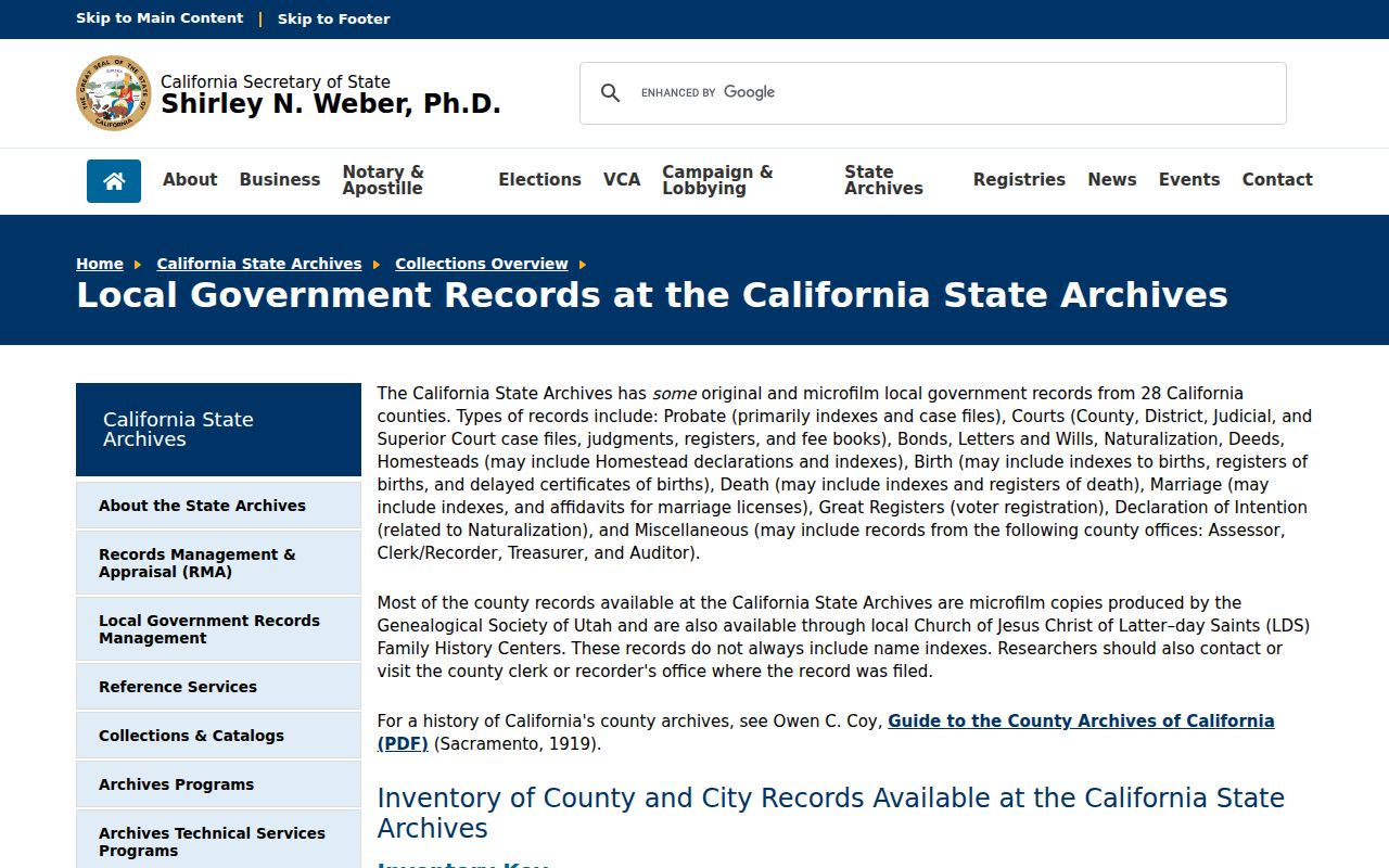 Kern County residents directory view of California State Archives county and city records