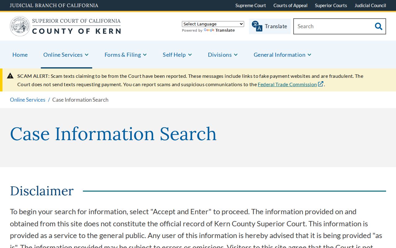 Kern County residents directory view of the Superior Court case search