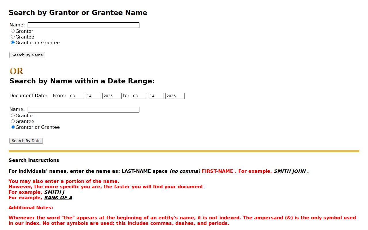 Kern County street directory view of the Recorder grantor grantee search