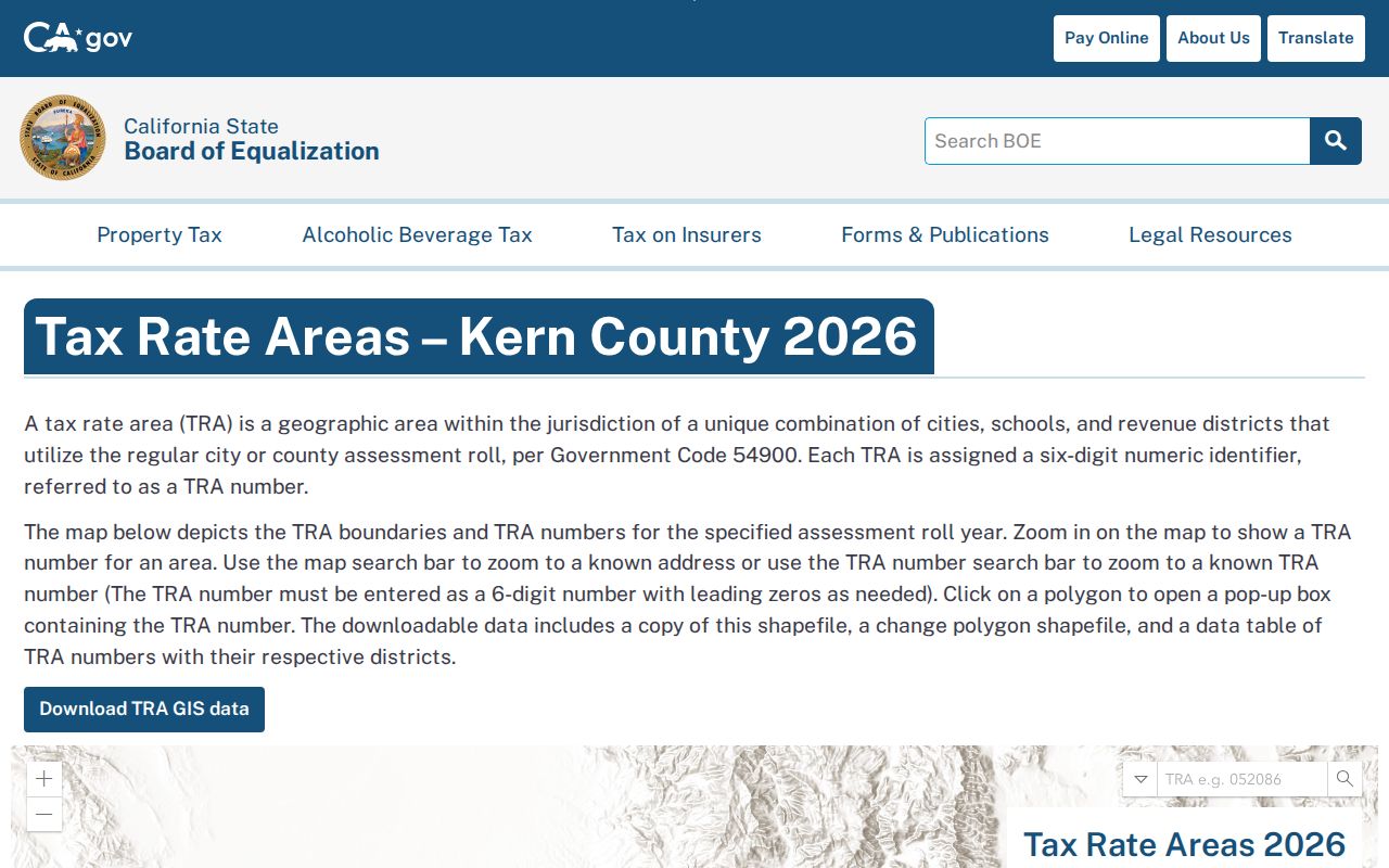 Kern County street directory view of the Kern tax rate area map